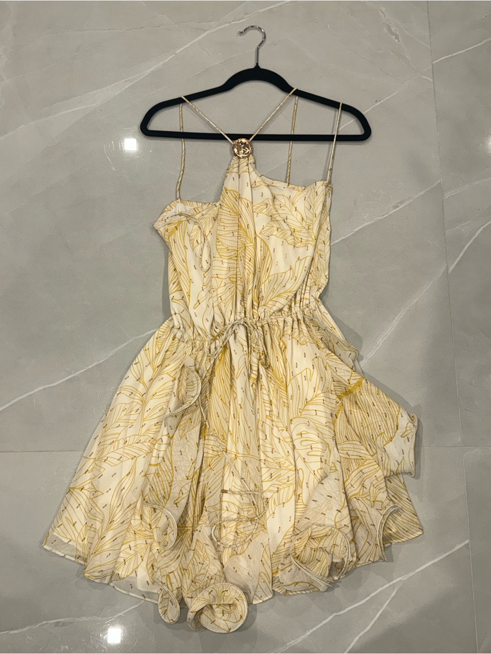 Alexis Cream and Gold Leaf-Print Spaghetti-Strap Dress